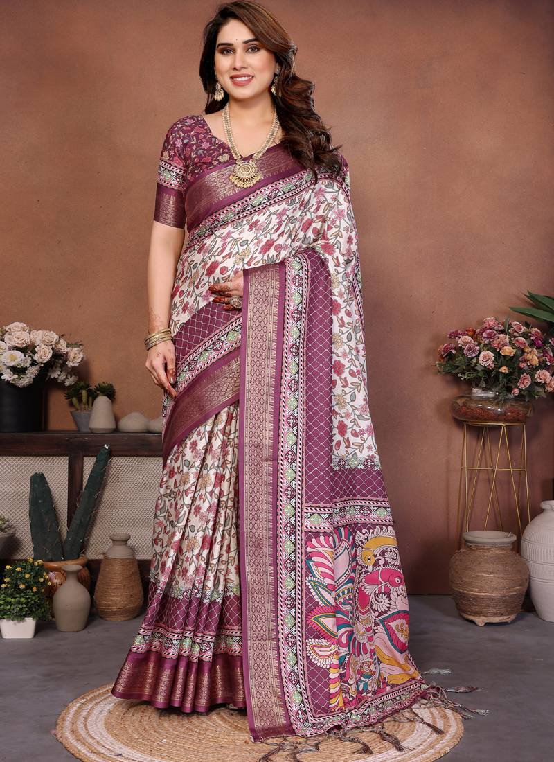 Cream cotton silk digital print saree with blouse