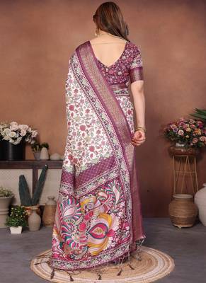 Cream cotton silk digital print saree with blouse 2
