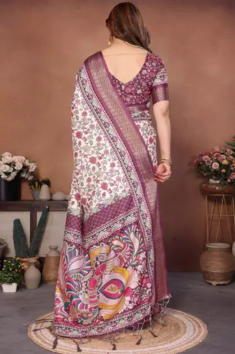 Cream cotton silk digital print saree with blouse
