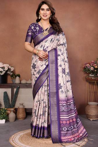 Cream cotton silk digital print saree with blouse