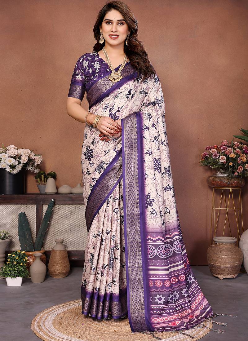 Cream cotton silk digital print saree with blouse