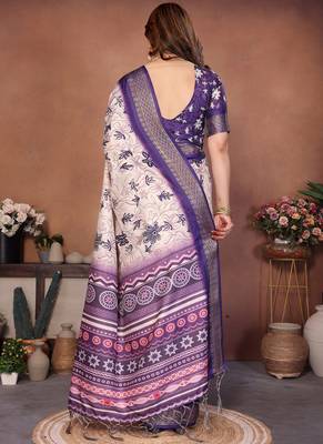 Cream cotton silk digital print saree with blouse 2