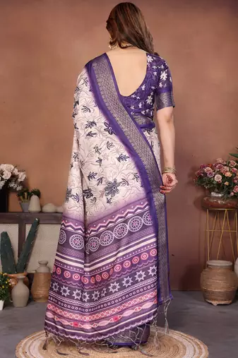 Cream cotton silk digital print saree with blouse