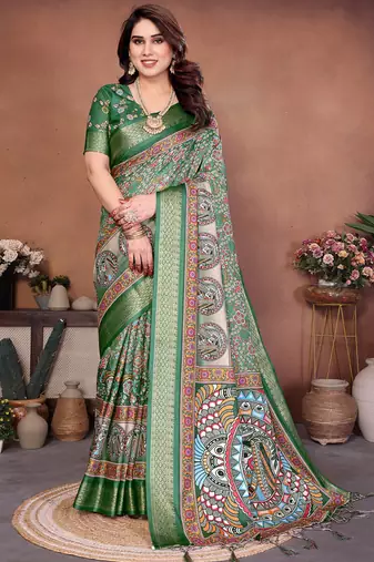 Green cotton silk digital print saree with blouse