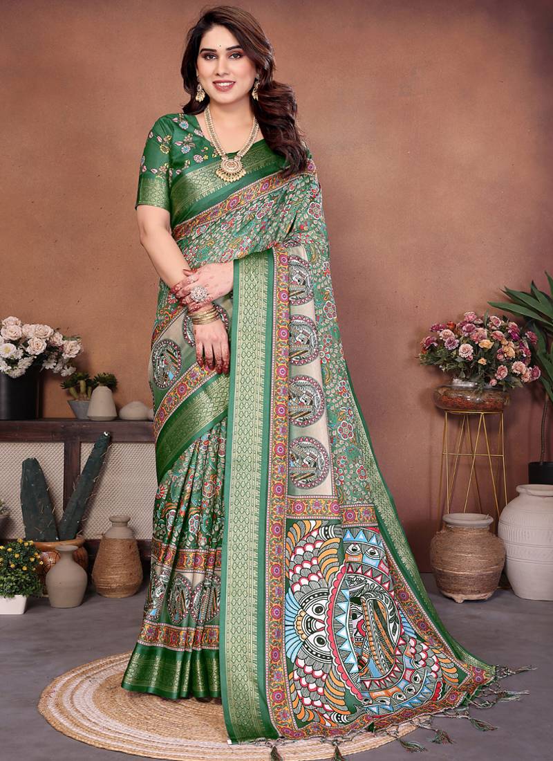 Green cotton silk digital print saree with blouse