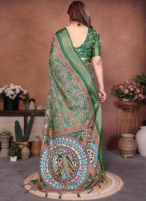 Green cotton silk digital print saree with blouse 2