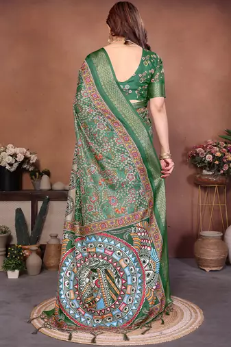Green cotton silk digital print saree with blouse