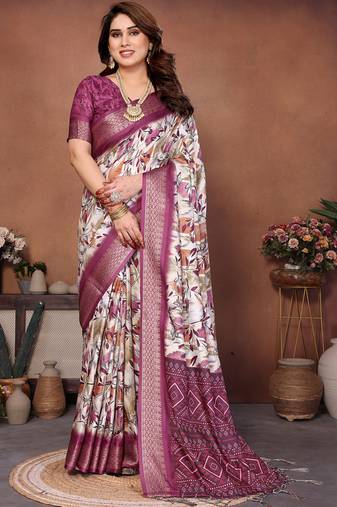 Cream cotton silk digital print saree with blouse