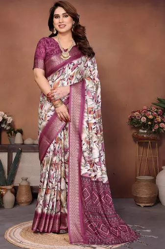 Cream cotton silk digital print saree with blouse