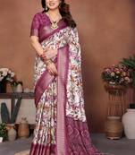 Cream cotton silk digital print saree with blouse