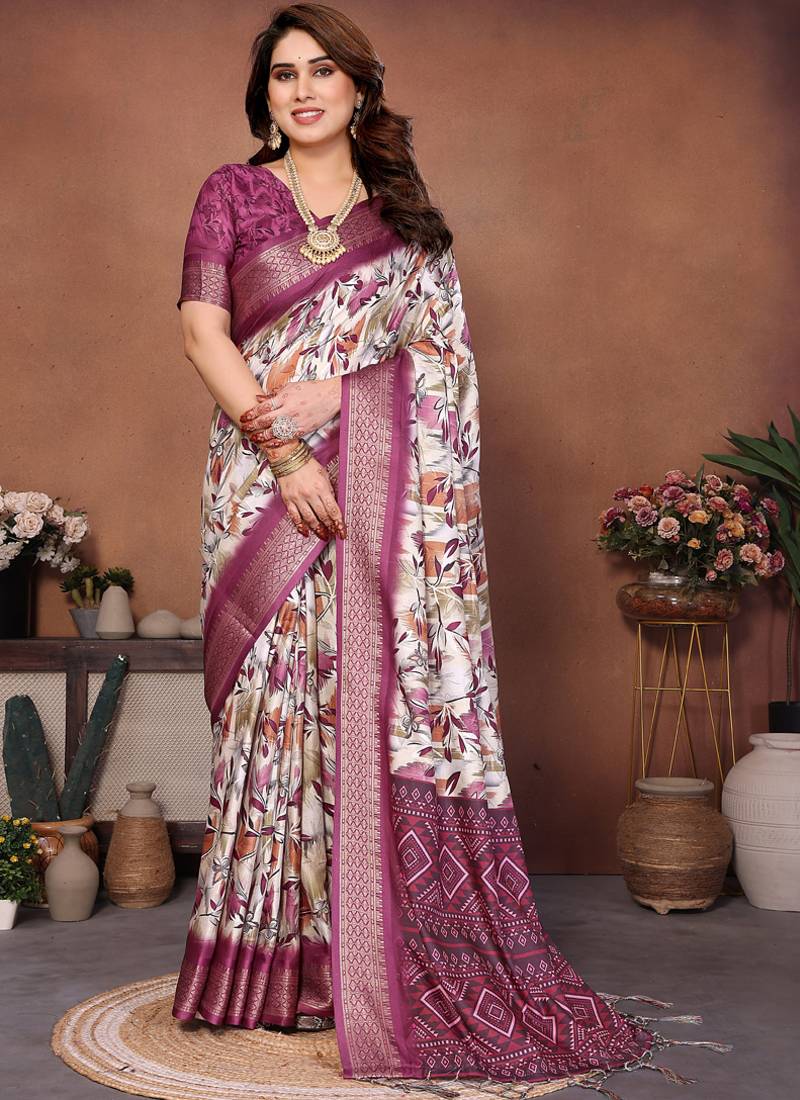 Cream cotton silk digital print saree with blouse