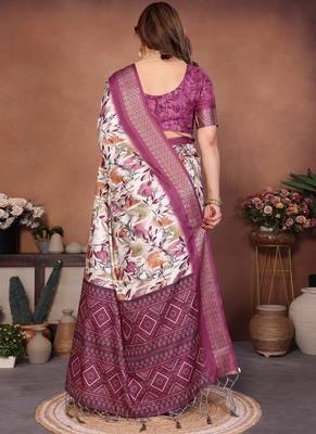 Cream cotton silk digital print saree with blouse 2