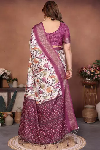 Cream cotton silk digital print saree with blouse