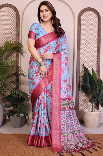 Sky blue cotton silk saree with blouse