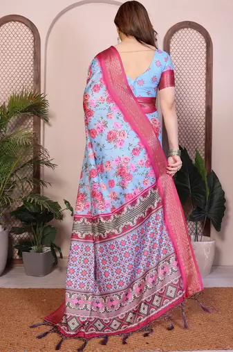 Sky blue cotton silk saree with blouse
