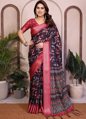 Black premium cotton silk saree with blouse 1