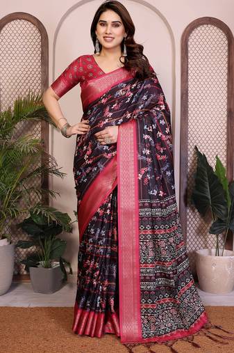 Black premium cotton silk saree with blouse
