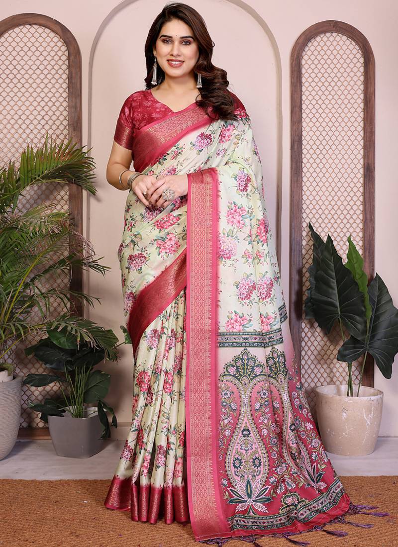 Light yellow premium cotton silk saree with blouse