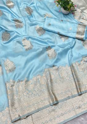 Light blue zari woven baluchari silk traditional saree with blouse piece 1