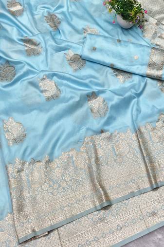 Light blue zari woven baluchari silk traditional saree with blouse piece