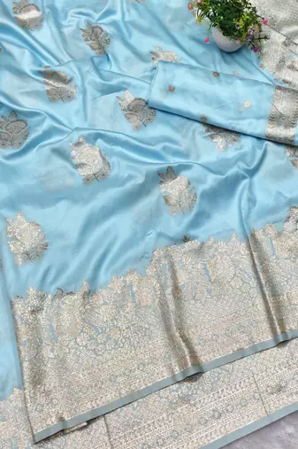 Light blue zari woven baluchari silk traditional saree with blouse piece