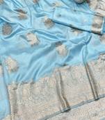 Light blue zari woven baluchari silk traditional saree with blouse piece