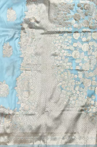 Light blue zari woven baluchari silk traditional saree with blouse piece