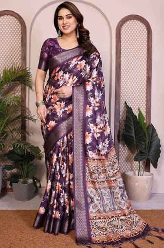 Purple premium cotton silk saree with blouse