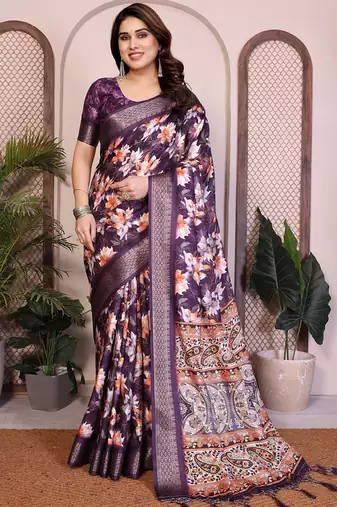 Purple premium cotton silk saree with blouse