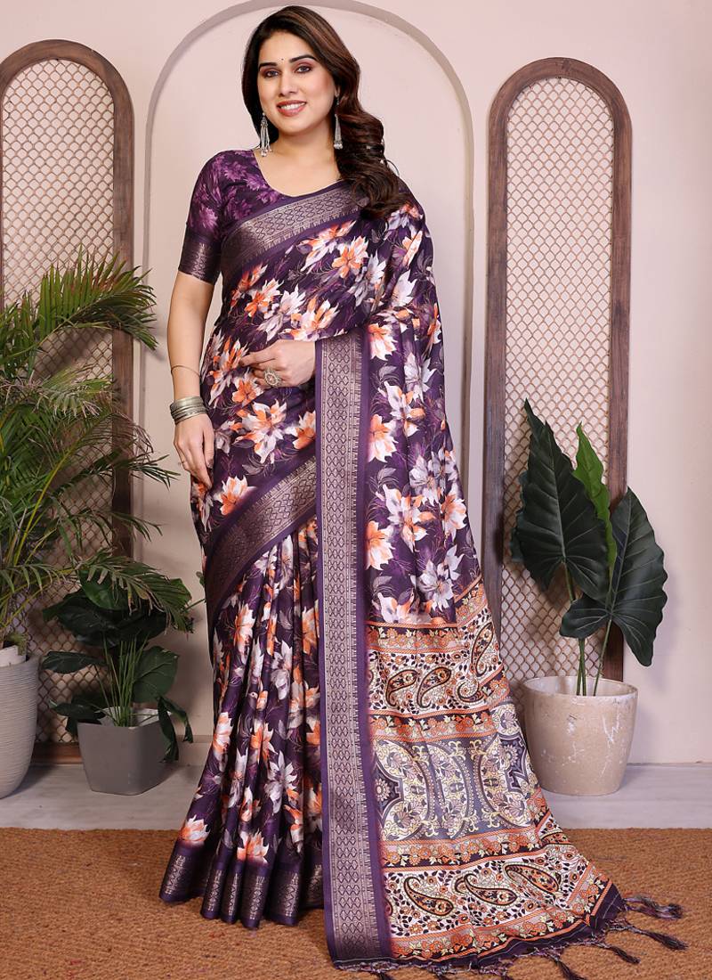 Purple premium cotton silk saree with blouse