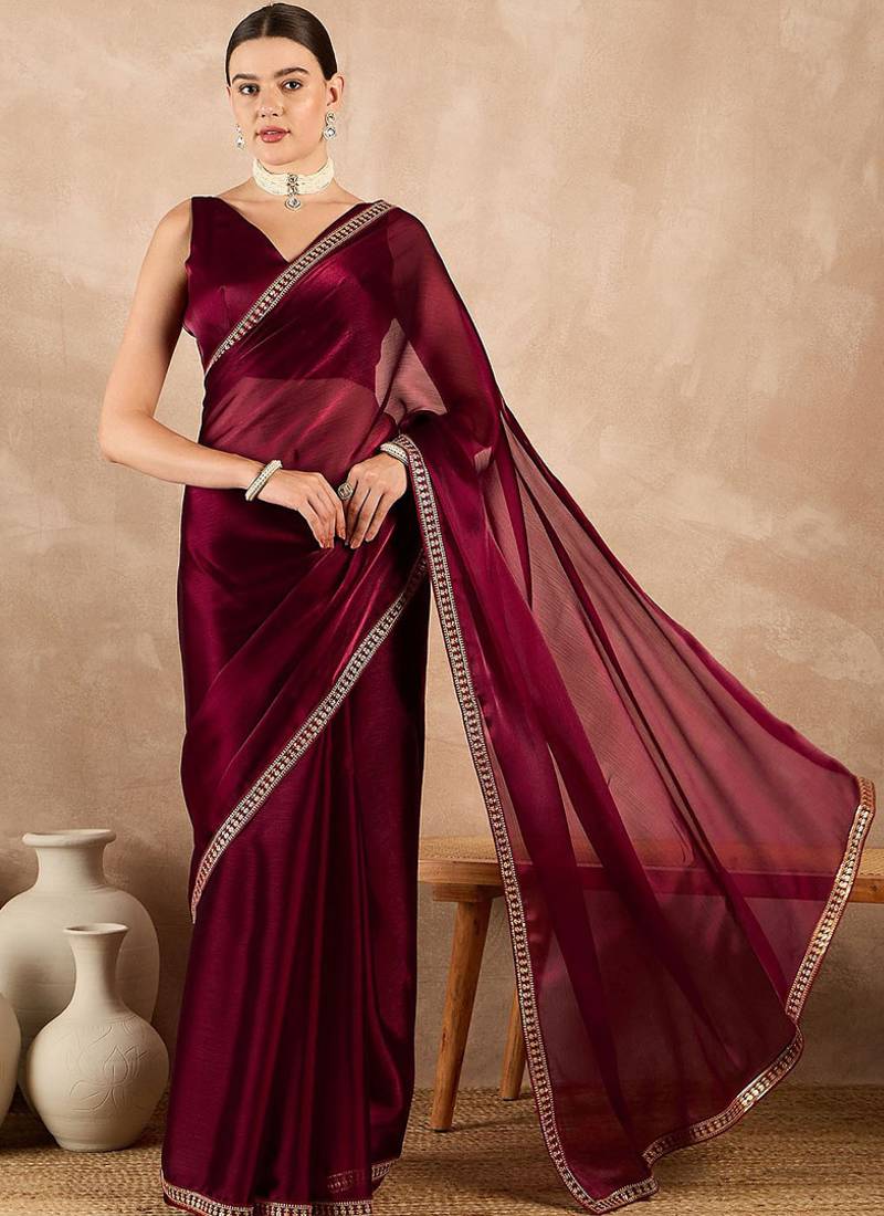 Maroon rangoli sequence saree with blouse