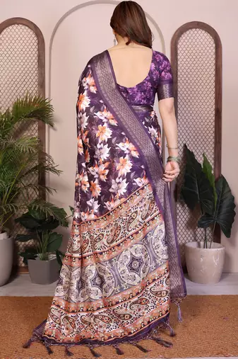 Purple premium cotton silk saree with blouse