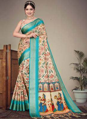Cream cotton silk saree with blouse 1