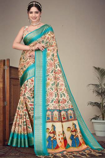 Cream cotton silk saree with blouse