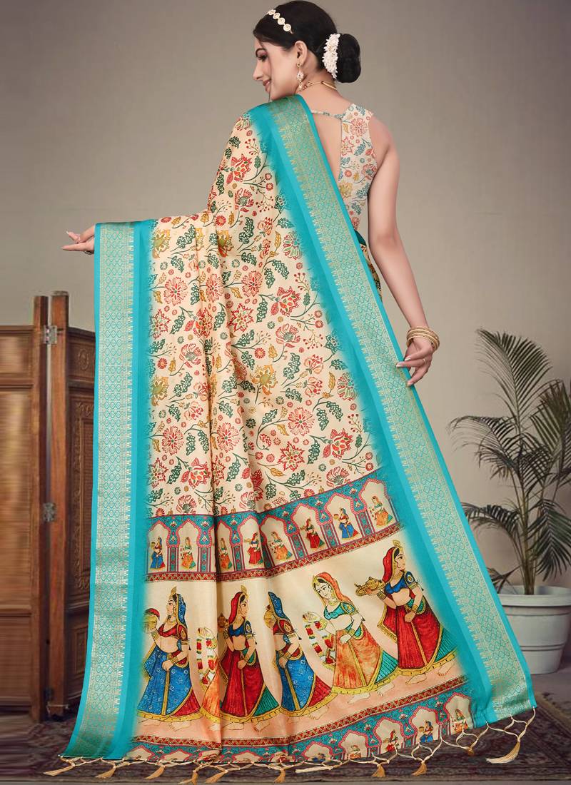 Cream cotton silk saree with blouse