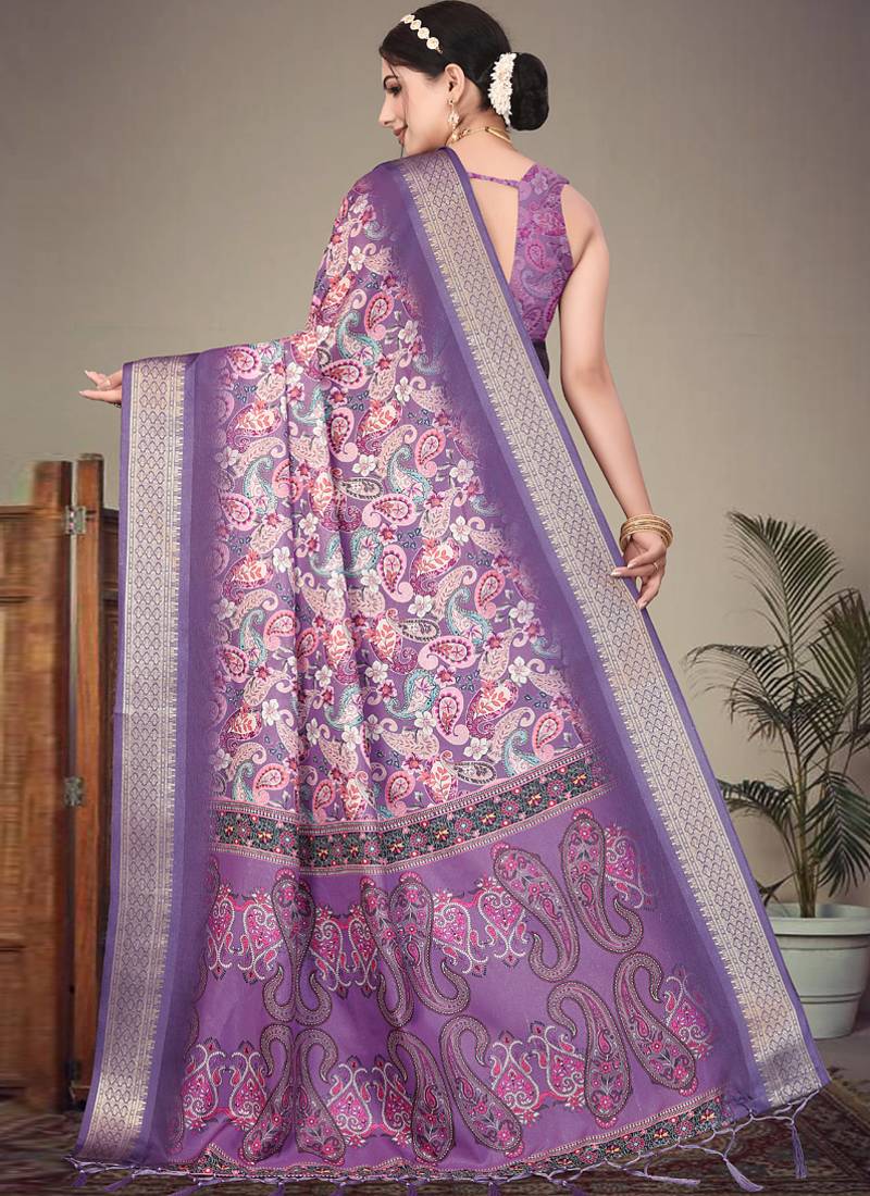 Purple cotton silk saree with blouse