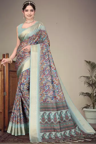 Olive green cotton silk saree with blouse