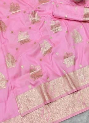 Pink zari woven baluchari silk traditional saree with blouse piece 1