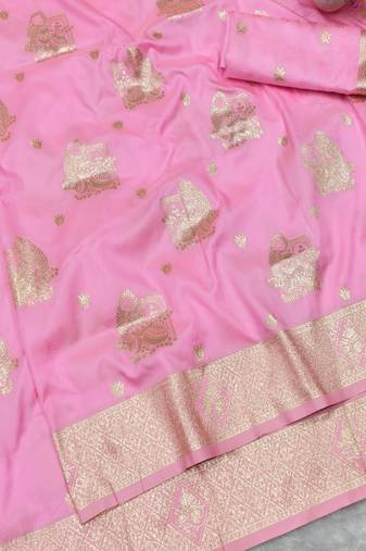 Pink zari woven baluchari silk traditional saree with blouse piece