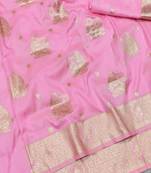 Pink zari woven baluchari silk traditional saree with blouse piece