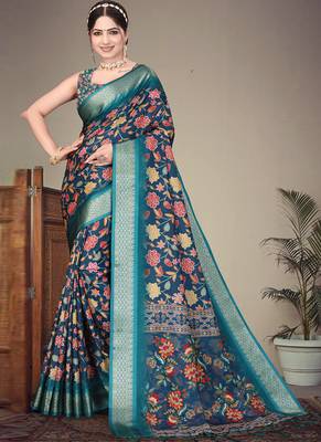Blue cotton silk saree with blouse 1