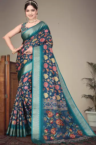 Blue cotton silk saree with blouse