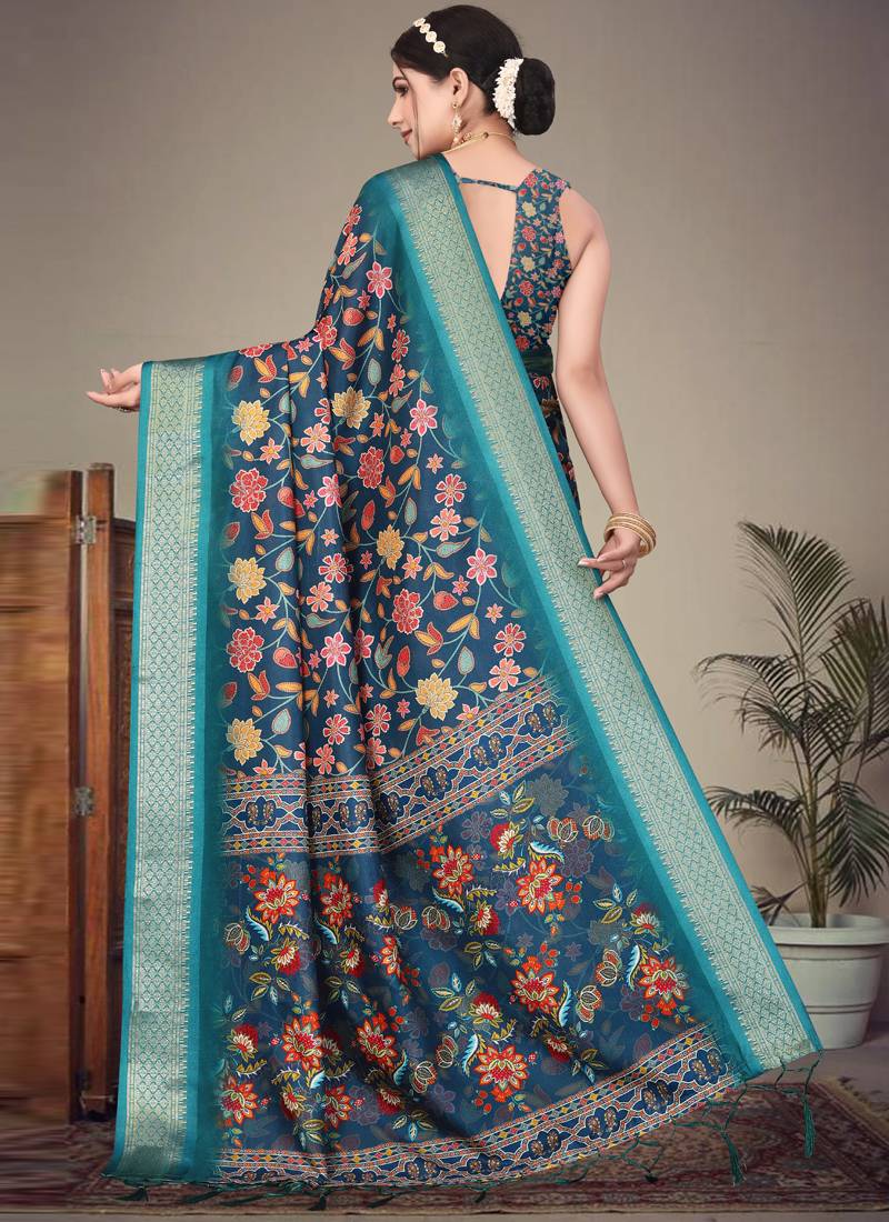 Blue cotton silk saree with blouse