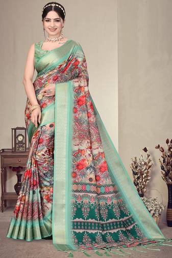 Light green cotton silk digital print saree with blouse
