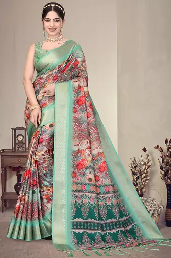 Light green cotton silk digital print saree with blouse