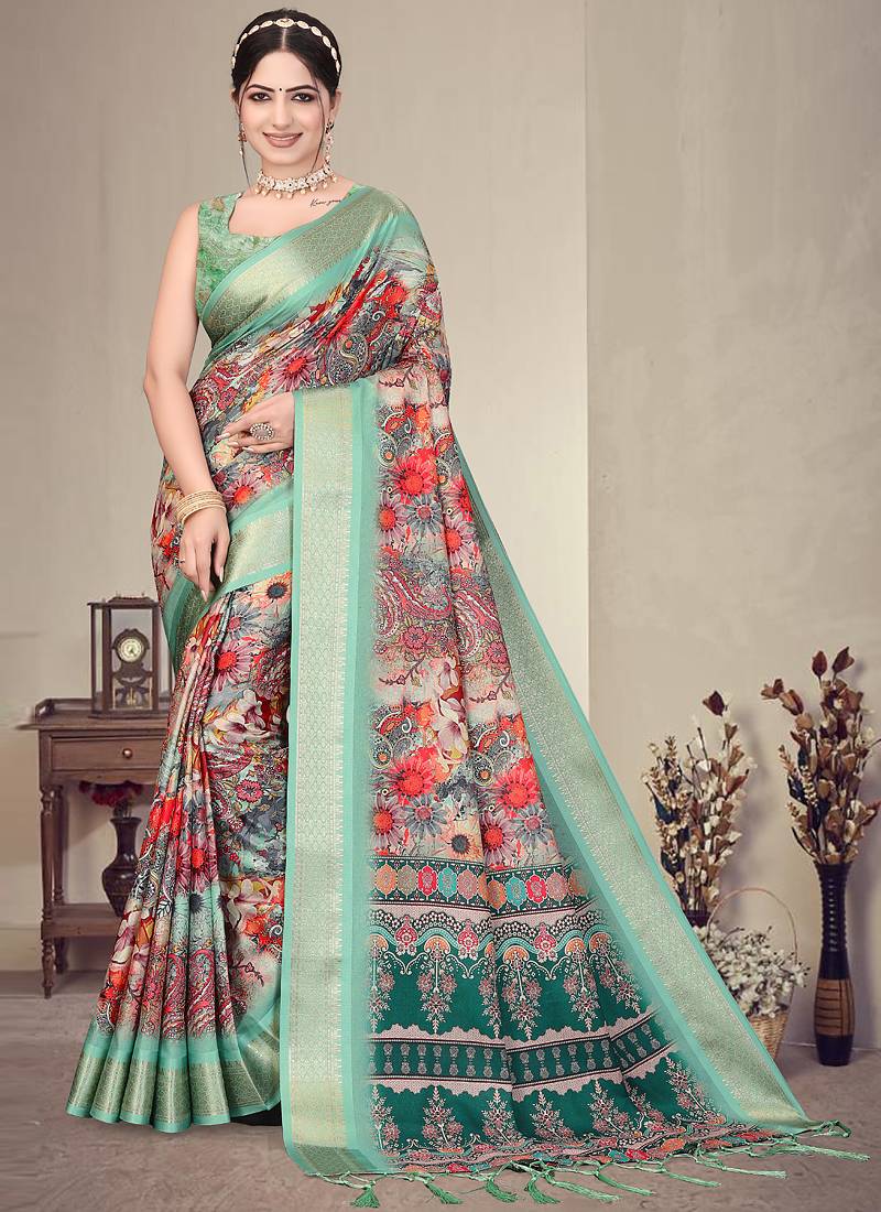 Light green cotton silk digital print saree with blouse