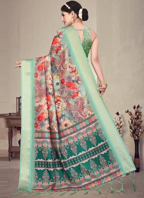 Light green cotton silk digital print saree with blouse 2