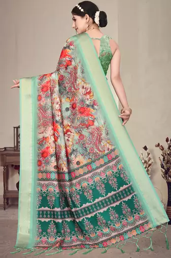 Light green cotton silk digital print saree with blouse