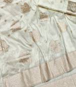 Cream zari woven baluchari silk traditional saree with blouse piece