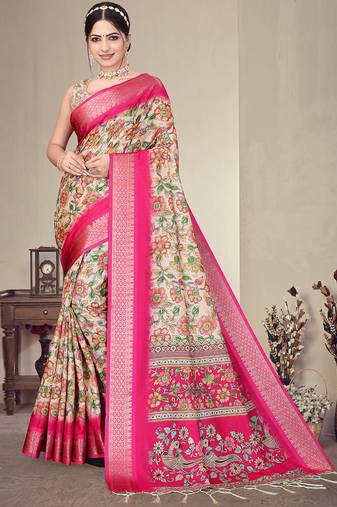 Pink cotton silk digital print saree with blouse